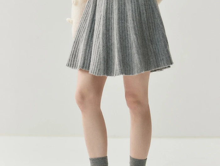 Chic Women's Pleated Skirt 100% Merino Wool Sweater  Knit Short Skirt Mini Skirts Autumn Winter Umbrella Wave Skirt Sweet Dress PlatiNum