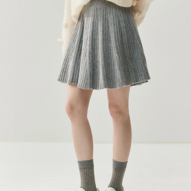 Chic Women's Pleated Skirt 100% Merino Wool Sweater  Knit Short Skirt Mini Skirts Autumn Winter Umbrella Wave Skirt Sweet Dress PlatiNum