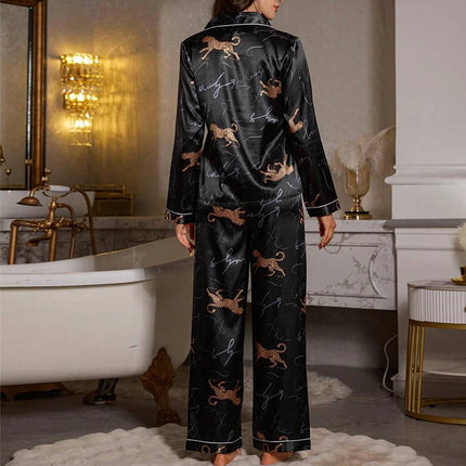 Pigiama da donna con stampa floreale color block, maniche lunghe e pantaloni in raso per un sonno confortevole, morbido pigiama e pigiama da notte