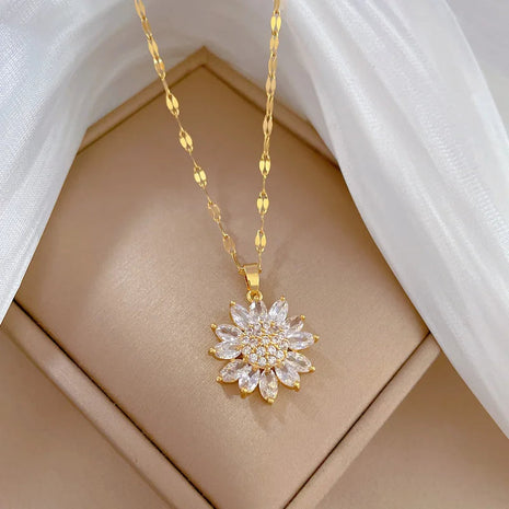 DIEYURO 316L Stainless Steel Luxury Zircon Flower Pendant Necklace For Women Girl New Trend Clavicle Chain Jewelry Lady Gift PlatiNum