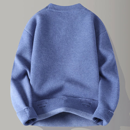 Edgy Star Fringe Knit Sweater – Distressed Lettering Crewneck for Men