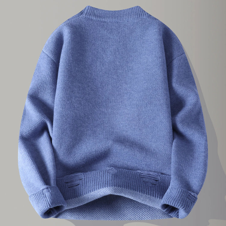 Edgy Star Fringe Knit Sweater – Distressed Lettering Crewneck for Men