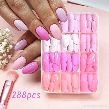 288pcs Light Pink Rose Purple Matte & Glossy False Nails Solid Color Medium Almond Full Cover Press On Nails Acrylic Fake Nails2028