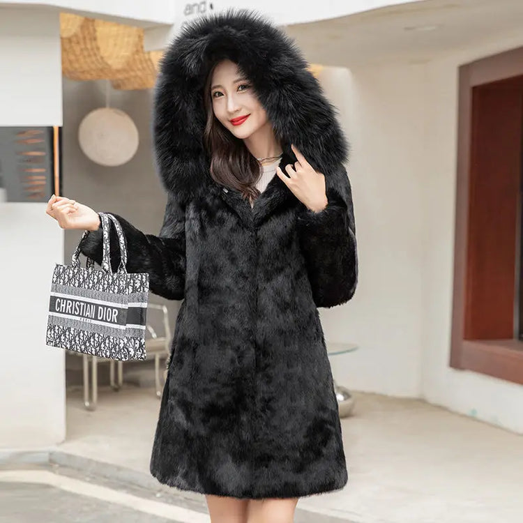 2025 Winter Coat Women Real Fur Fox Fur Coat Ladies Natural Rabbit Fur Jacket Long Hooded Fur Overcoat Wholesale Pockets Tops