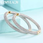 URMYLADY 925 Sterling Silver 34mm Circle 24K Gold Shiny Zircon Earrings For Women Wedding Party Fashion Charm Jewelry PlatiNum