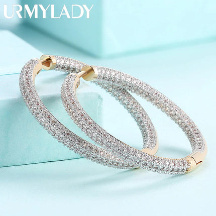URMYLADY 925 Sterling Silver 34mm Circle 24K Gold Shiny Zircon Earrings For Women Wedding Party Fashion Charm Jewelry PlatiNum