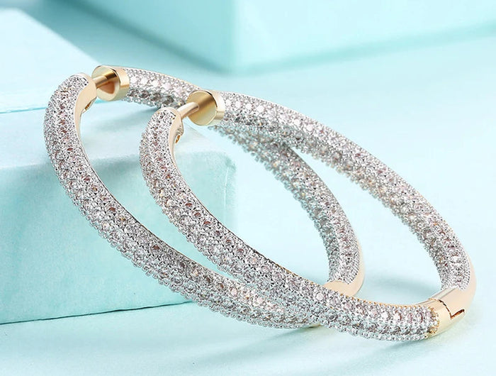 URMYLADY 925 Sterling Silver 34mm Circle 24K Gold Shiny Zircon Earrings For Women Wedding Party Fashion Charm Jewelry PlatiNum