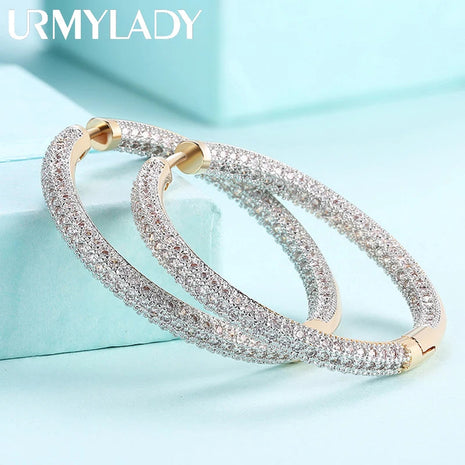 URMYLADY 925 Sterling Silver 34mm Circle 24K Gold Shiny Zircon Earrings For Women Wedding Party Fashion Charm Jewelry PlatiNum