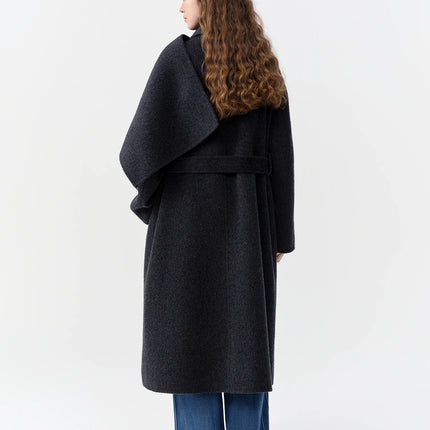 DUSHU Double-faced Wool Coat Detachable Scarf Collar Korean Style Thickened Woolen Long Overcoat for Winter Commute
