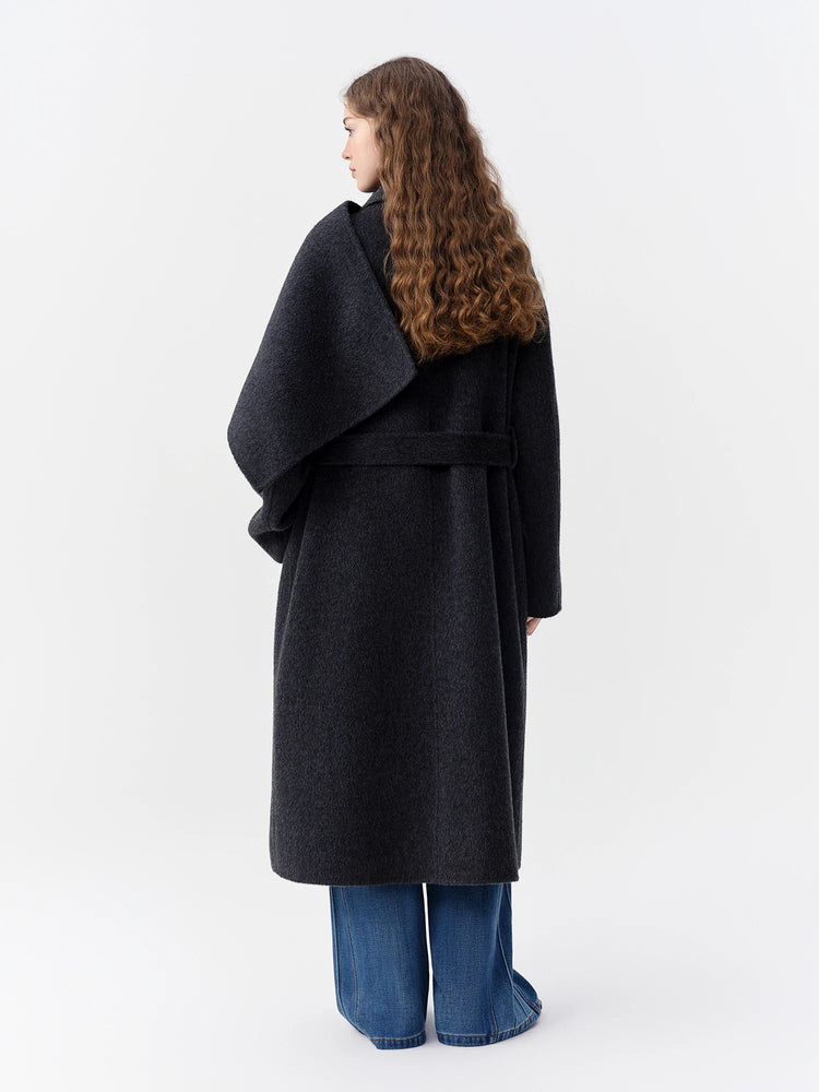 DUSHU Double-faced Wool Coat Detachable Scarf Collar Korean Style Thickened Woolen Long Overcoat for Winter Commute