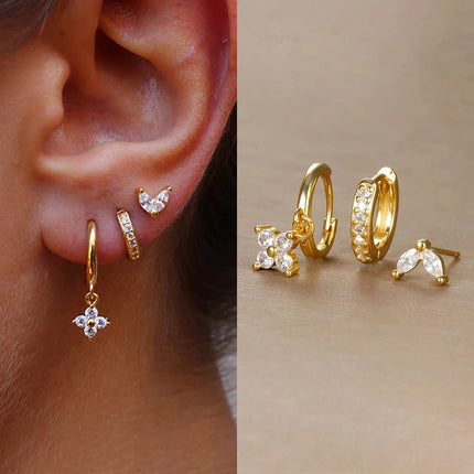 3PCS Trendy Stainless Steel Flower Drop Earring Set For Women Crystal Zirconia Dangle Earring Hypoallerg Piercing Jewelry aretes PlatiNum