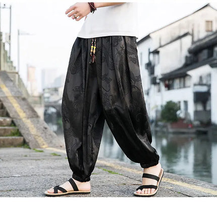 Vendite calde Pantaloni Da Uomo 2024 Nuovo Drago di Seta del Ghiaccio Fiore Scuro Bloomers Moda Allentata Gamba Larga Casual di Alta Qualità Pantaloni Maschili di Marca