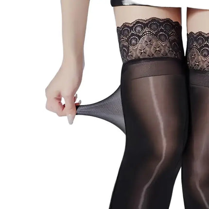 Sexy Horse Oil Glossy Elastic Stockings with Silicone Non-slip Lace Thigh High Socks Summer Ultra-thin Stockings