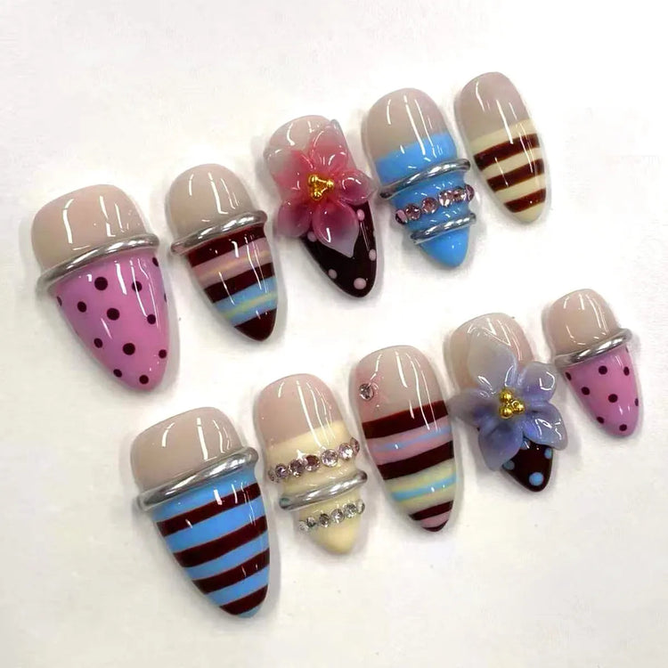 24pcs Pink Flower Almond Press on Nails Kawaii False Nails Wearable Stick-on Nails Fake Nail Uñas Postizas Накладные Ногти 네일팁2028
