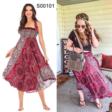 Boho Gonne Donna Rayon Beach Abito lungo Estate Bohemian Jupe Longue Femme Elastico in vita Stampa Fasciatura floreale Halter Hippie platinumshop