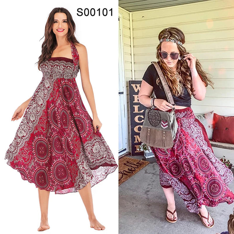 Boho Gonne Donna Rayon Beach Abito lungo Estate Bohemian Jupe Longue Femme Elastico in vita Stampa Fasciatura floreale Halter Hippie platinumshop