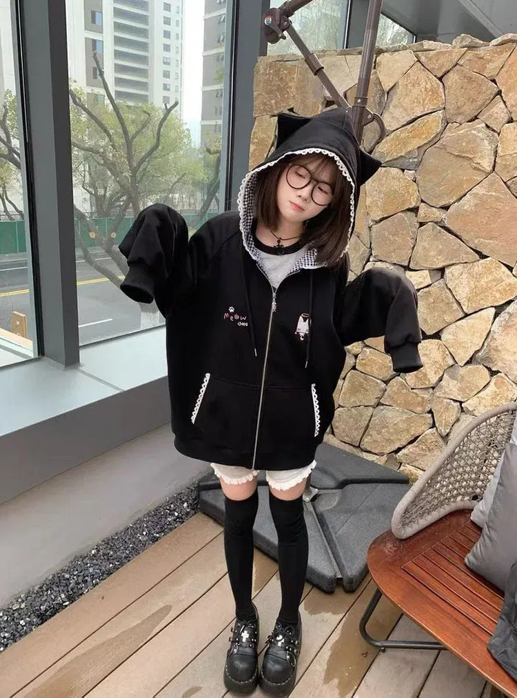 Ropa Mujer Japanese Cute Hoodies Coats Cute Cat Print Hooded Sweatshirts Y2K Tops Women Clothing Casual Zipper Loose Hoodie