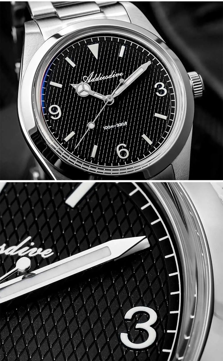 ADDIESDIVE Men's VH31 Quartz Watch Super Luminous 36mm Bubble Glass Wristwatch 100m Waterproof 316L Stainless Steel Watches Male
