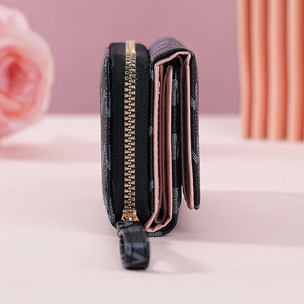 Fashionable Letter Printed Tri-Fold Compact Ladies Wallet Retro Style Card Holder PU Leather Synthetic Interior Daily Use PlatiNum
