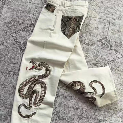 Jeans Streetwear Retrò con Ricamo Boa e Stampa Pitone, Pantaloni in Denim con Tasche, Tendenza Y2K, Unisex, Gamba Dritta e Vestibilità Ampia