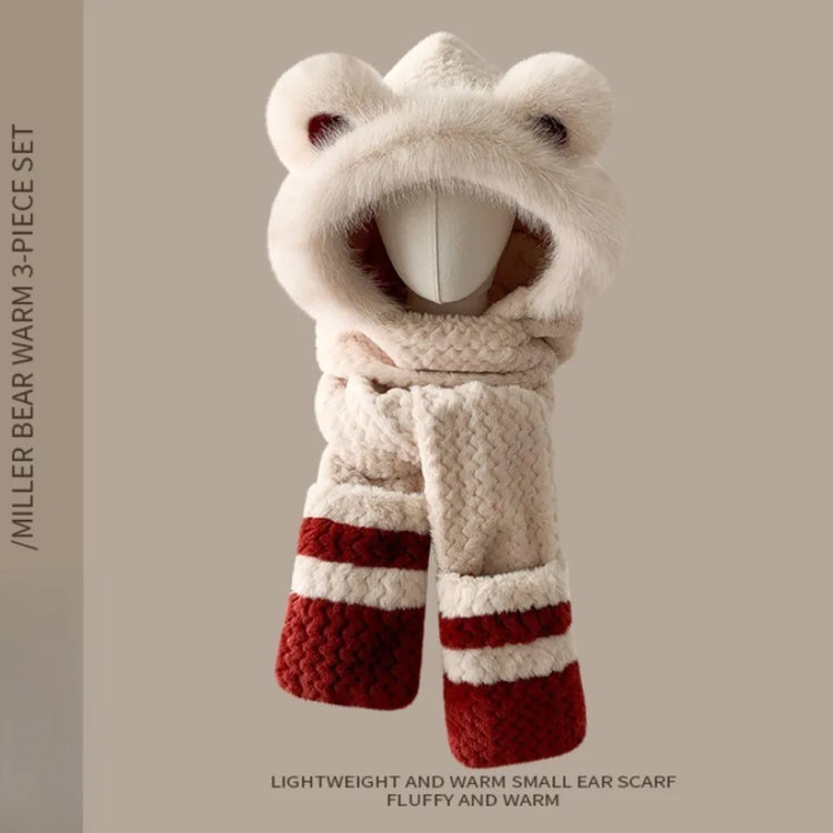 Three-in-one hat Winter Women's Plus  Bear Hat Scarf Gloves One-piece Hooded Cute Warm Plush Three-piece Suit To Prevent Cold