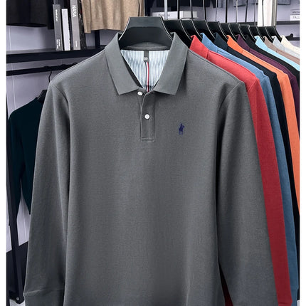 High-end branded long-sleeved polo shirt, 100% cotton, new business men's leisure lapel t-shirt, luxury comfort with Paul pony embroidery