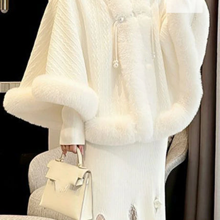 Korean style thick cloak shawl with cheongsam women's autumn and winter fur collar plus velvet to keep warm Chinese cardigan.