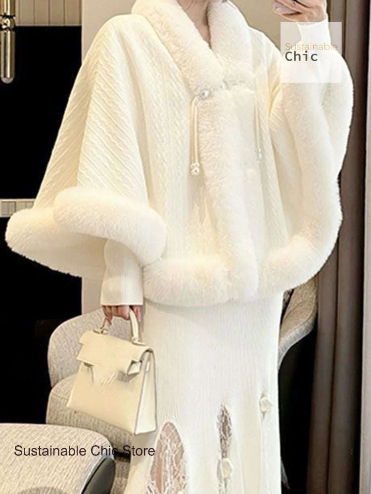 Korean style thick cloak shawl with cheongsam women's autumn and winter fur collar plus velvet to keep warm Chinese cardigan.