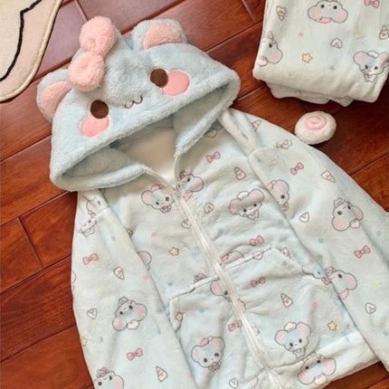 Autumn Winter Japanese Kawaii Harajuku Womens Coat Thicken Blue Sweet Cute Loose Hoodies Design Coral Fleece Korean Sweatshirts