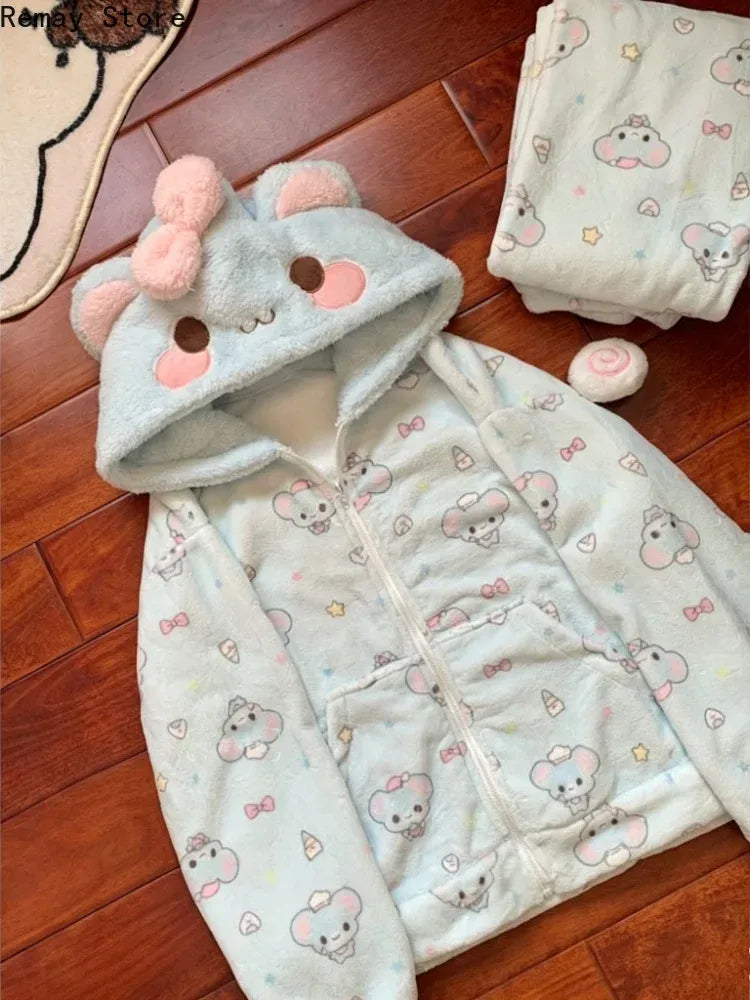 Autumn Winter Japanese Kawaii Harajuku Womens Coat Thicken Blue Sweet Cute Loose Hoodies Design Coral Fleece Korean Sweatshirts