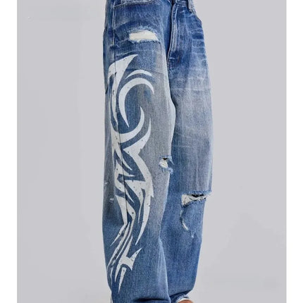 Jeans Vintage Y2k Strappati Deeptown per Donna, Pantaloni in Denim Blu Larghi con Stampa Harajuku, Stile Hip Hop Grunge Streetwear