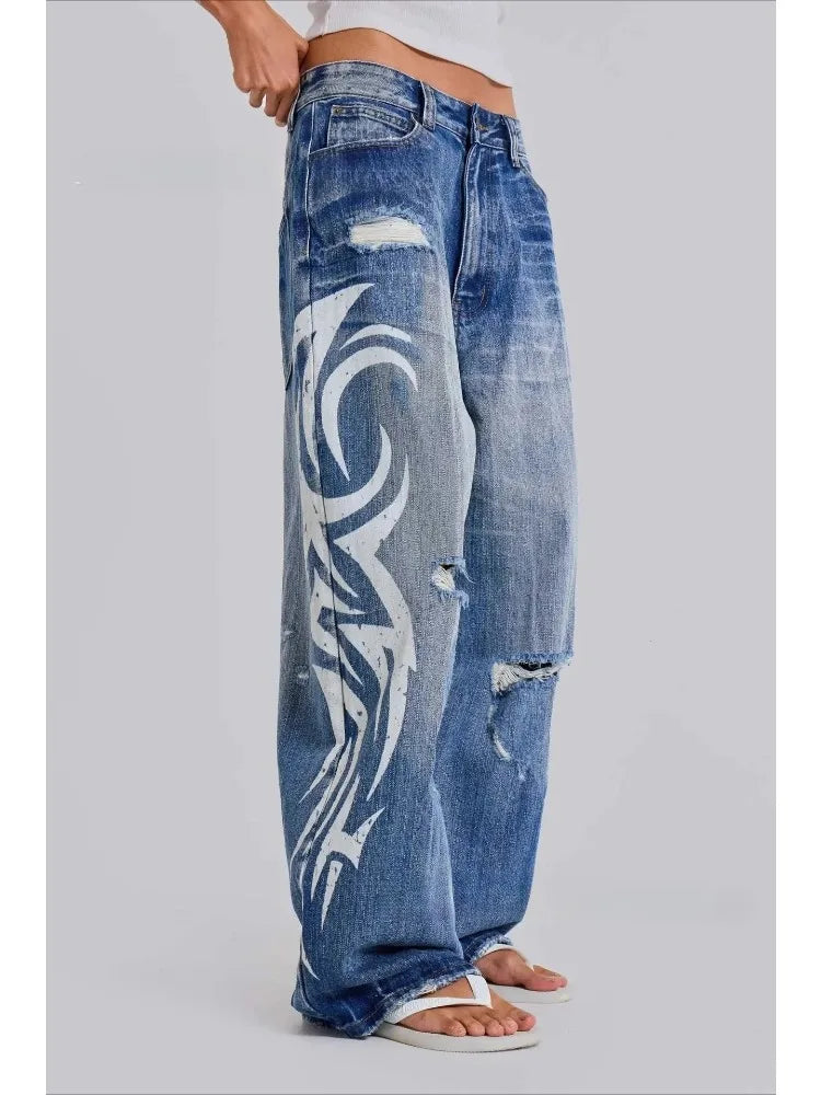 Jeans Vintage Y2k Strappati Deeptown per Donna, Pantaloni in Denim Blu Larghi con Stampa Harajuku, Stile Hip Hop Grunge Streetwear