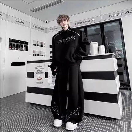 LUZHEN Fashion Street Two-piece Sets Men's Zipper Shoulder Design Long Sleeve Sweatshirt 2025 Autumn Loose Wide Leg Pants JY3912 PlatiNum