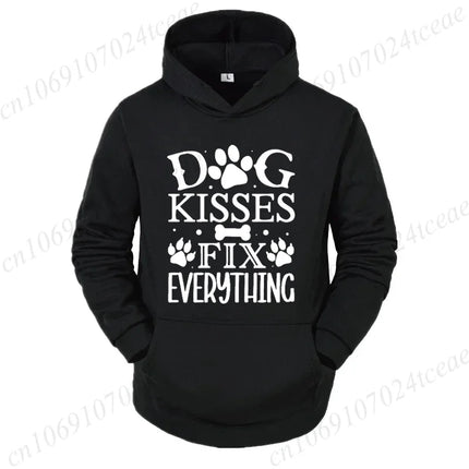 Dog Lover Hoodies Funny Quote "Dog Kisses Fix Everything" Pet Paw Print Graphic Sweatshirts Long Sleeve Hoody Autumn Hoodie Gift