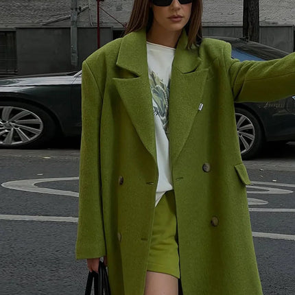 Elegant Women's Woolen Overcoat Solid Lapel Double Breasted Full Sleeve Long Coat 2026 Autumn Winter Fashion Lady Outwear