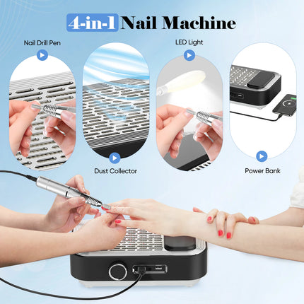 4‑in‑1 Electric Nail Drill Machine 45000RPM with 80W Nail Dust Collector 6W LED Nail Lamp Rechargeable Nail File Manicure Tool for Home Salon