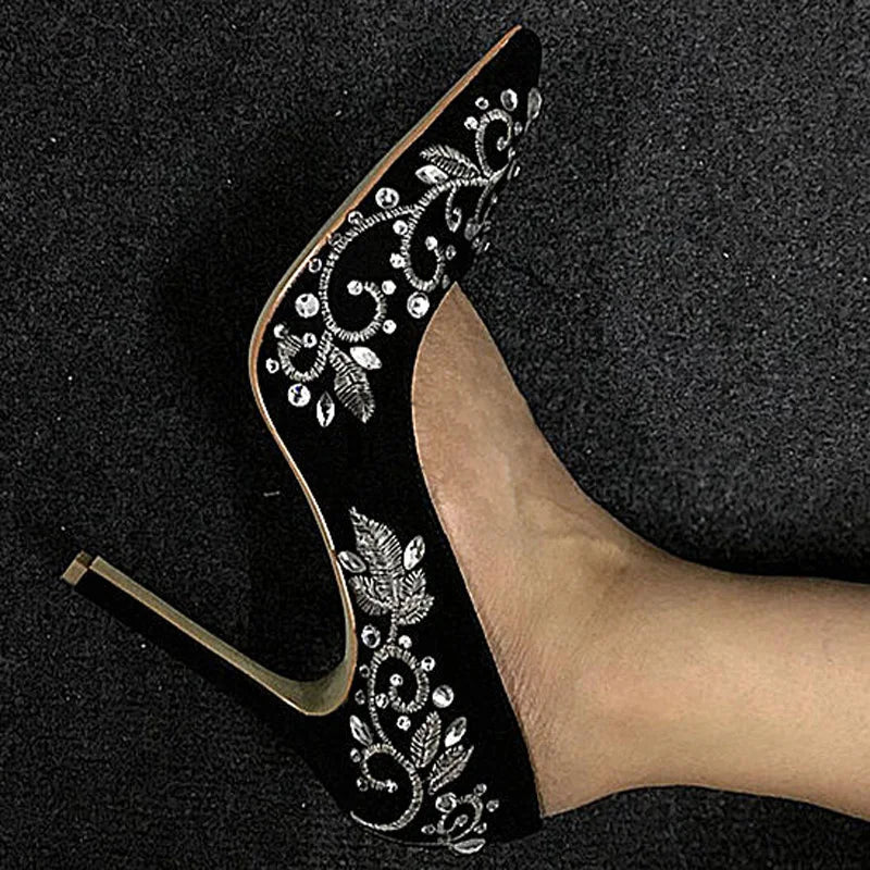 Bling Rhinestone Gold Silver Flower Embroidery Blade Heel Pumps Metal High Heels Crystal Black Suede Pointed Toe Woman Shoes