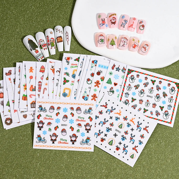 24Pcs 3D Christmas Nail Stickers Cartoon Santa Claus Elk Snowman Snowflakes Self-Adhesive Nail Decals Kid Girl Xmas Gift Sliders