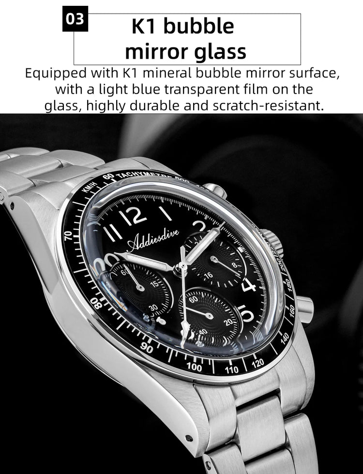 ADDIESDIVE New Chronograph 0S20 Quartz Wristwatch Luxury Men Watch Ceramic Bezel Domed Glass 100m Waterproof BGW9 Luminous