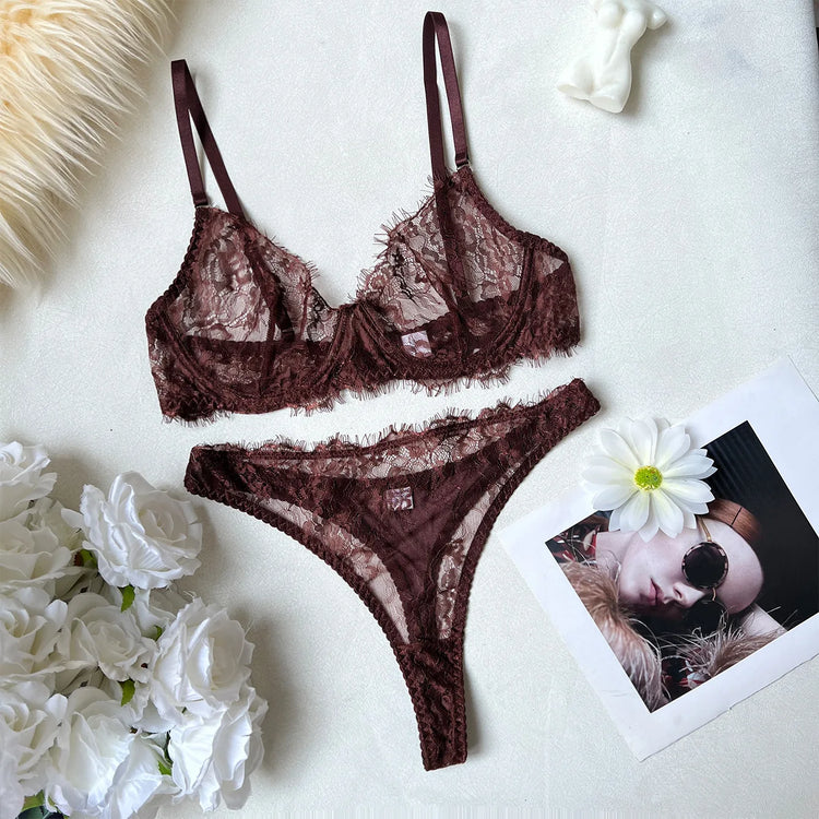 Tornova Erotic Lingerie French Retro Eyelash Lace Underwear Set Sexy Intimate See-through Ultra-thin Bra with Underwire Briefs
