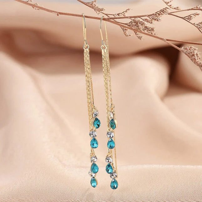 Luxury Temperament Green Zircon Drop Earrings For Women Korean Fashion Long Tassel Rhinestone Earring Wedding Party Jewelry PlatiNum