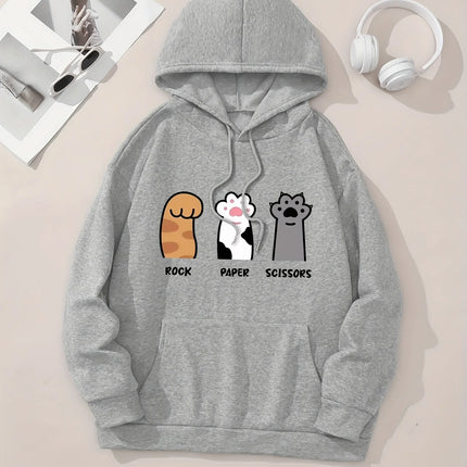 Three cat paw pattern printed hoodie, drawstring casual hooded sweatshirt, suitable for winter and autumn, women's clothing