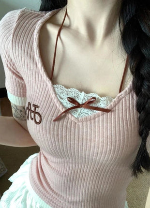 Autunno Inverno Nuovo Dolce Camicetta Rosa Donna Arco Girocollo Manica Lunga Sotto Il Strato Base Magliette e camicette Giapponese Kawaii Vestiti Sottili 2025