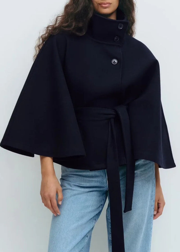 Autumn And Winter New Fashion Solid Color Cloak Stand-up Collar Button Belt Windbreaker Jacket Women's Temperament Commuting Top