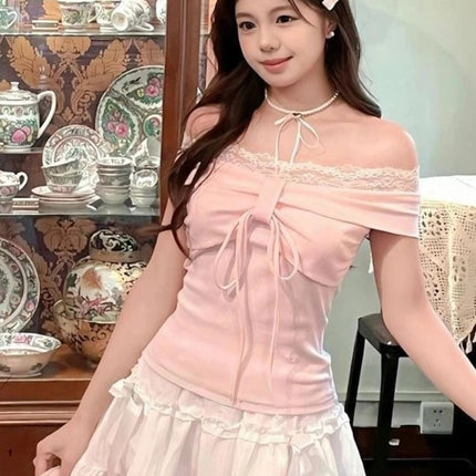 Design dolce con spalle scoperte T-shirt rosa da donna elegante Kawaii slim manica lunga top in pizzo moda femminile abiti skinny adorabili novità - platinumshop