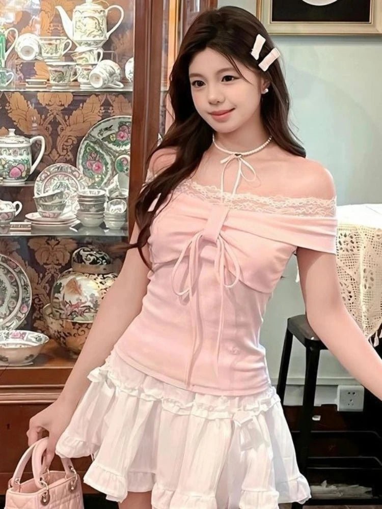 Design dolce con spalle scoperte T-shirt rosa da donna elegante Kawaii slim manica lunga top in pizzo moda femminile abiti skinny adorabili novità - platinumshop