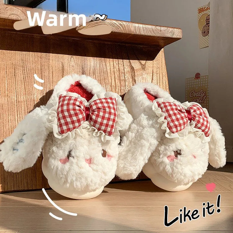 2026 New Women's Cotton Bow Bunny Slippers Winter Indoor Home Warm Household Wool Cotton Shoes Women Wear Indoor Winte