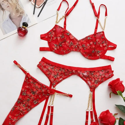 Sexy Embroidery Lingerie Suit Women Lace Embroidery Gathering Temptation Bra Lingerie Set Sexy Garters Underwear Suit