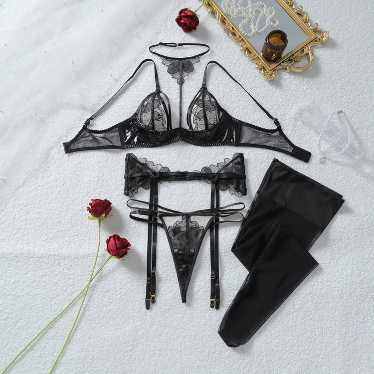 Fashion Women's Lingerie Delicate Sets Premium PU Mesh Patchwork Halter Bra Belt Thong Stockings Fantasy Sensual Girls Intimates