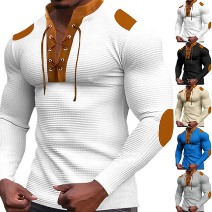 Cross-border new men's waffle color matching strap V-neck top casual long-sleeved bottoming T-shirt PlatiNum